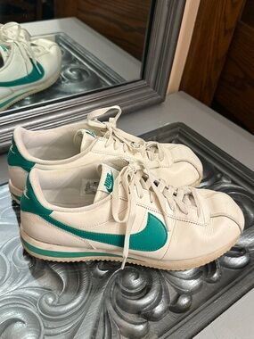 Nike 10 Cortez White Sneakers with Teal Swoosh and Heel